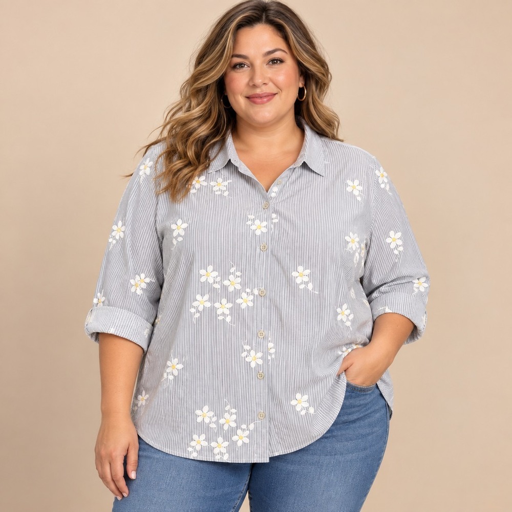 Alfred Dunner Daisy Embroidered Top Women's 1X Plus Grannycore Shabby Chic